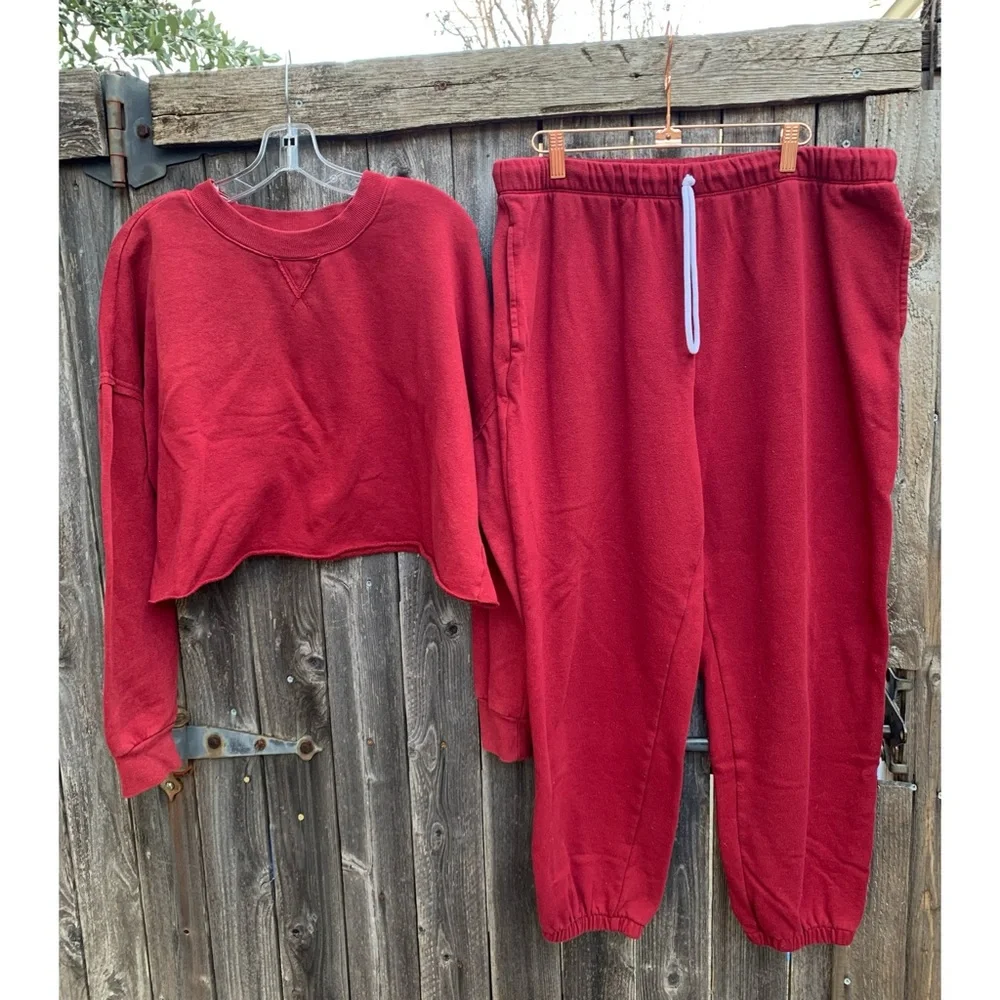 Colsie Fleece Lounge Red Sweatspants and Crop Sweatshirt XL
